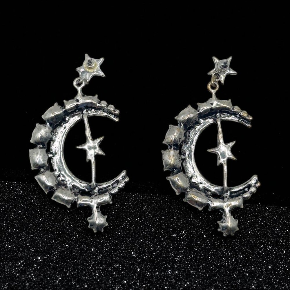Celestial Moon & Star Dangle Earrings Rhinestone Silver-Tone Statement Jewelry - Picture 6 of 6